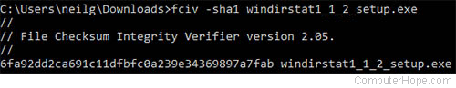 Running FCIV to calculate the SHA1 hash of the WinDirStat installer