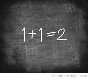 '1+1=2 ' written on a chalkboard.
