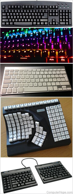 alguns tipos de teclado: 101-key com Nepali, RGB, Apple Magic, Canhoto com uma mão, Kinesis Freestyle Ergonomic, na tela.