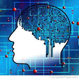 Illustration: Computer circuits overlaid on a silhouette of a human head.