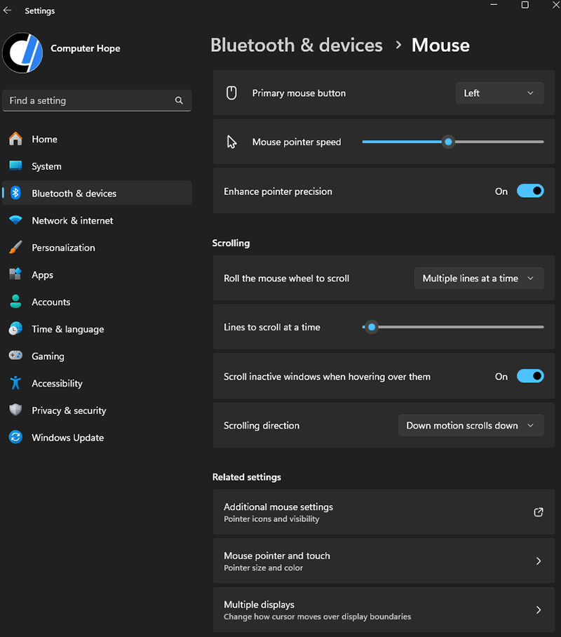 Mouse settings window in Microsoft Windows 11.