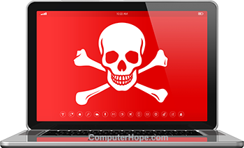 White skull and cross bones representing a malicious payload on a laptop computer.